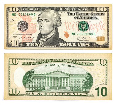 Beyaz arka planda izole edilmiş 10 dolarlık banknot, iki taraflı ve yüksek kaliteli fotoğraf
