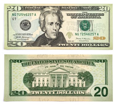 Beyaz arka planda izole edilmiş 20 dolarlık banknot, iki tarafı da kapatın.