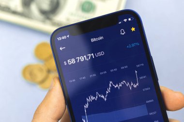 Adam, BTC bitcoin şifreleme şemasını, ticari konsept arkaplan fotoğrafını kontrol etmek için akıllı telefonu kullanır