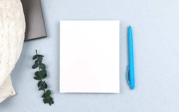 Flat lay business office desktop background with mockup, blank white card with copy space, top view photo