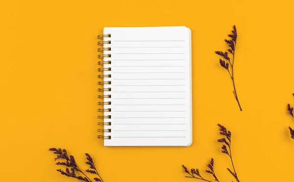 Desk Blank White Notebook Dried Grass Yellow Background Flat Lay — Foto de Stock