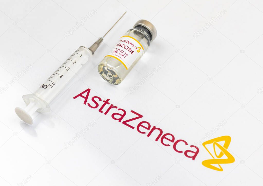 Kharkov, Ukraine - April 18, 2021: Vaccination with AstraZeneca vaccine, healthcare and cure concept background photo