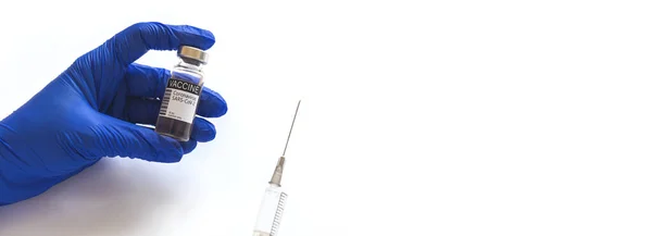 Koncepcja Medyczna Zdrowotna Szczepienia Uodparniania Baner Przestrzenią Kopiowania Fiolka Szczepionką — Zdjęcie stockowe