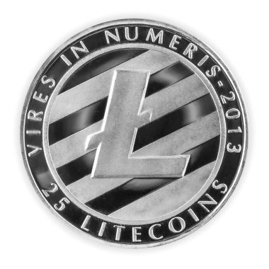 Gümüş Litecoin LTC kripto para birimi beyaz zemin, fiziksel para ve kripto sembolü üzerinde izole