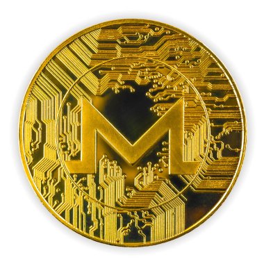 Altın Monero madeni parasının arkası, beyaz arka planda izole edilmiş fiziksel kripto para, yakın plan görünümü 