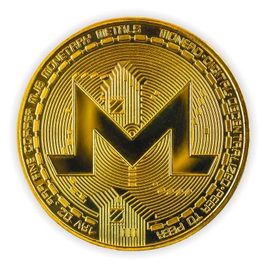 Altın Monero kripto para beyaz izole edilmiş arka plan görüntüsü, altın para ve sembol 