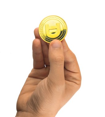 Beyaz arkaplanda 1 dogecoin izole edildi