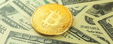 Banner bitcoin ve dolar değişimi, ABD doları banknotlarına karşı altın kripto paraları, yakın plan görünüm
