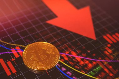 Kripto döviz piyasası krizi geçmişi, bitcoin ve kırmızı borsa grafiği, finans ve iş konsepti 