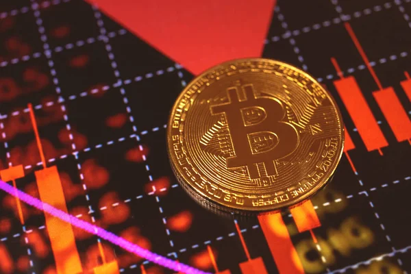 Bitcoin Und Rotes Aktiendiagramm Hintergrund Konzept Zur Finanzierung Von Kryptowährungen — Stockfoto
