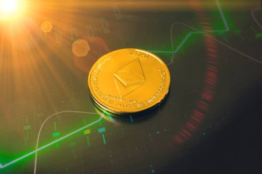 Ethereum kripto para ve yeşil borsa grafiği ile arka plan, kripto sikke kavramı büyük büyüme