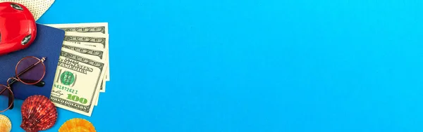Баннер Голубым Фоном Концепция Летнего Отдыха Поездки Автомобиле Вид Сверху — стоковое фото