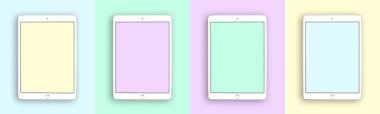 Kharkov, Ukrayna - 16 Mayıs 2021: Apple iPad modeli ve şablonu, renkli renkler ve düz arkaplan, uzay fotoğrafını kopyala