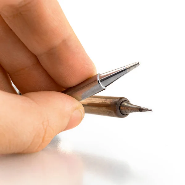 Man Hold Soldering Iron Tips Isolated White Background Stock Image