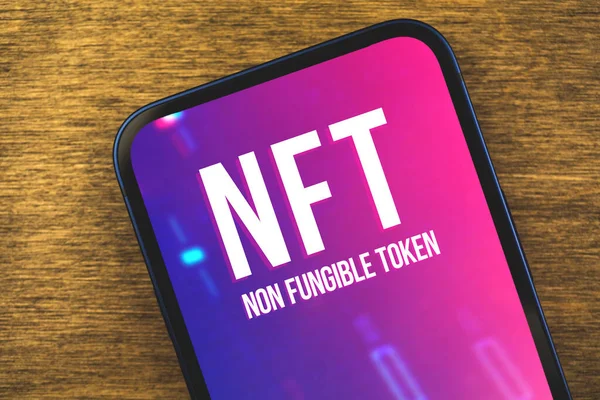 Cryptoart Technology Close Nft Non Funmable Token Logo Екрані Blockchain — стокове фото