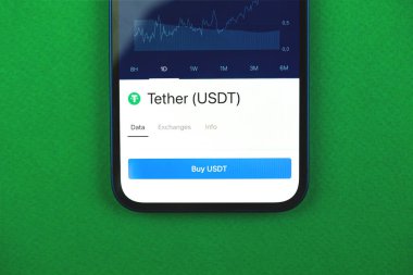 Bağlayıcı USDT kripto para birimi, düğmeli mobil uygulama, akıllı telefon, bankacılık uygulaması, iş yerinin üst görünüm fotoğrafı kullanarak çevrimiçi ticaret ve takas kavramı satın al