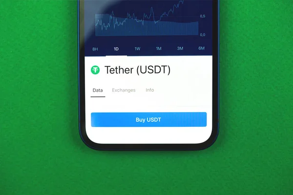 Buy Tether USDT cryptocurrency, mobile app with button, concept of online trade and exchange by using smartphone, banking application, top view photo of business office desk