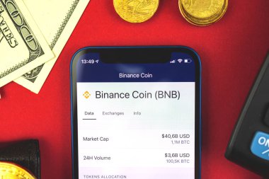 Binance Coin BNB ticaret ve takas cep telefonu uygulaması, iş ve yatırım konsepti ile yeni sanal para, para ile mali çalışma alanı, üst görünüm 