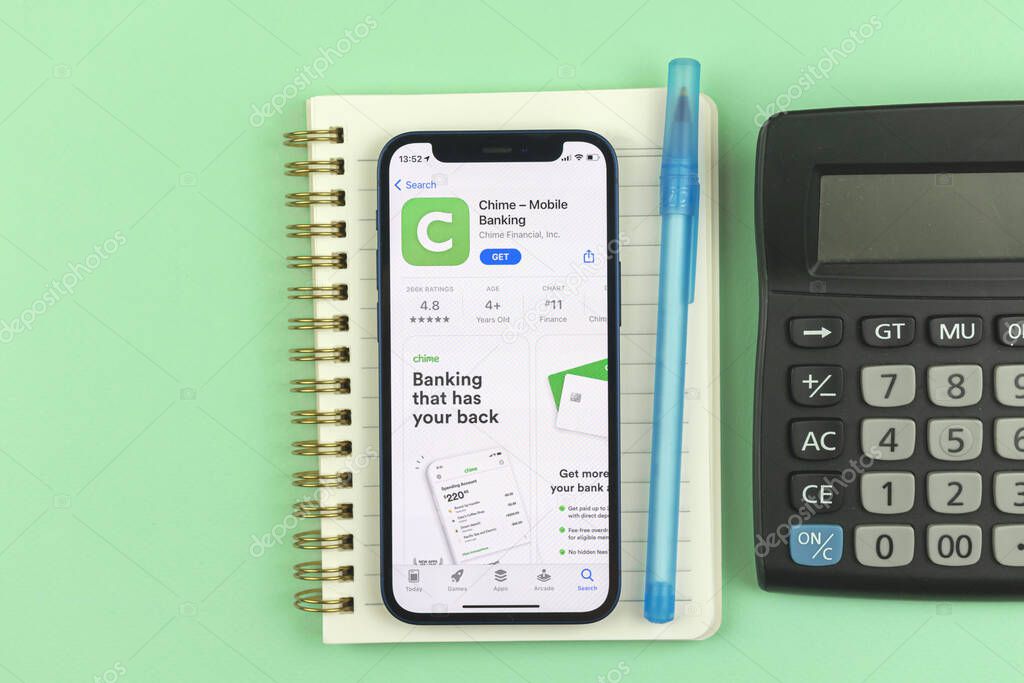 Kharkov, Ukraine - May 28, 2021: Chime mobile banking app on the screen of mobile phone