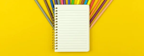 Banner Back School Template Lined Notebook Color Drawing Pencils Yellow — Stock Photo, Image