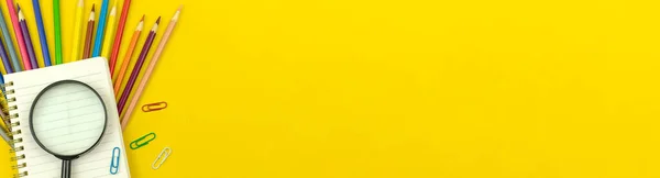 Education Back School Wide Web Banner Design Yellow Desktop Table — Stock Photo, Image