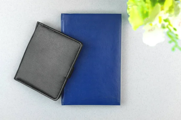 Stylish Fresh Workspace Composition Black Blue Leather Notebook Table Plant — Stock Photo, Image