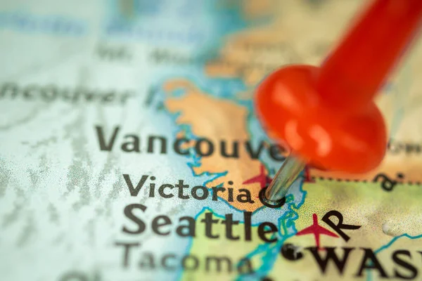 Location Victoria city in Canada, map with red push pin pointing closeup, North America