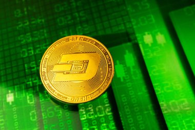 Dash bozuk para kripto para büyümesi hisse senedi şeması arka planı, altın para yakın plan