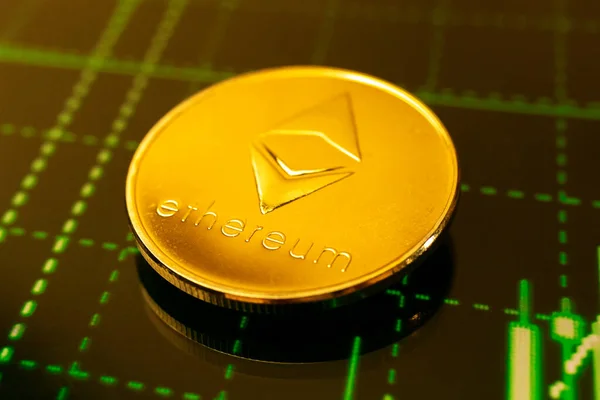 Ethererum coin close-up, market stock chart background, business and trade concept