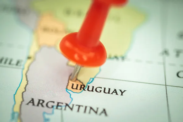 Ubicazione Uruguay Pin Rosso Sulla Mappa Viaggio Marker Primo Piano — Foto Stock