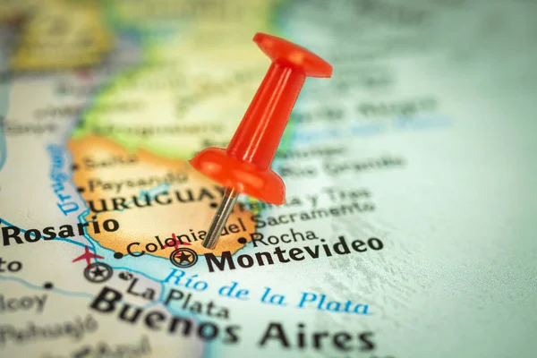 Ubicazione Montevideo City Uruguay Red Push Pin Travel Map Marker — Foto Stock