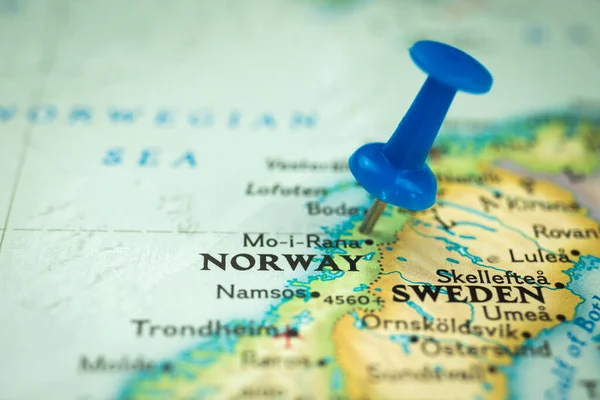 Location Norway Push Pin Map Close Seup Marker Destination Travel — стоковое фото