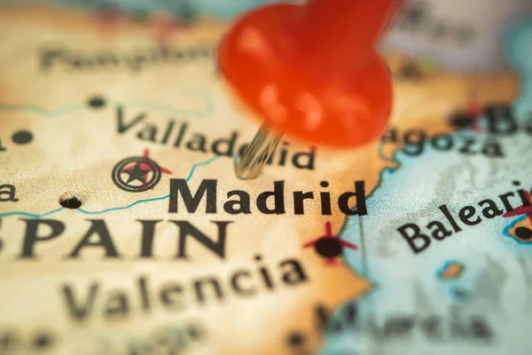 Lage Madrid Spanien Stecknadel Auf Karte Nahaufnahme Markierung Des Reiseziels — Stockfoto