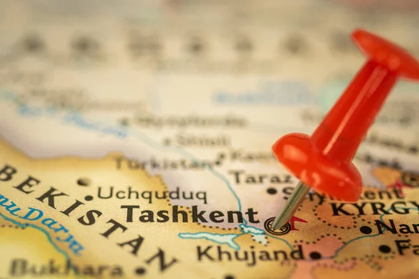 Özbekistan Daki Taşkent Konumu Iğne Ucu Işaretli Seyahat Haritası Asya — Stok fotoğraf