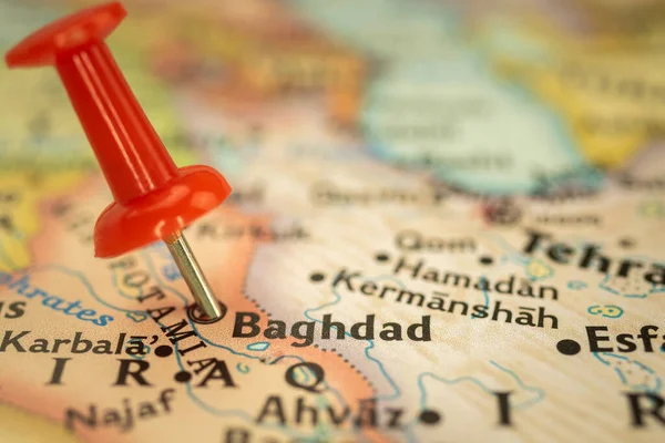 Bağdat Irak Taki Konumu Seyahat Haritası Iğne Ucu Işaretli Yakın — Stok fotoğraf