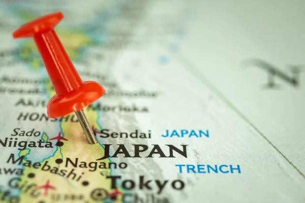 Japan Travel Map Push Pin Point Marker Closeup Asia — 스톡 사진