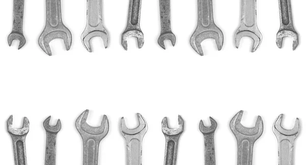 Assorted Wrenches Border Repair Tools White Background Top View Copy — 图库照片