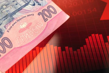 Ukrayna para birimi düşüyor, kırmızı borsa grafiğiyle ülke konsepti ekonomisinin çöküşü