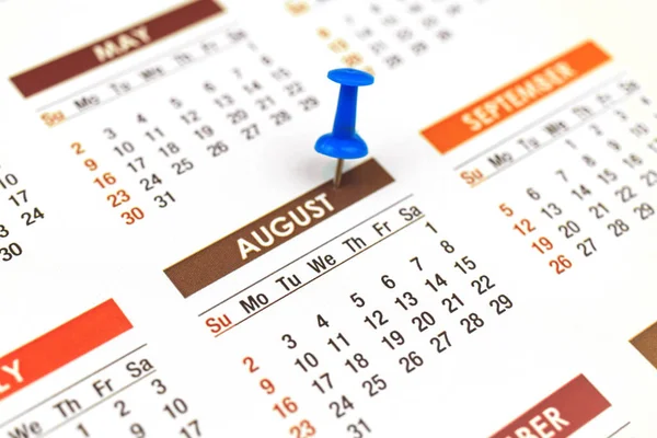 Calendar Push Pin August Month Closeup Planner Concept Selective Focus — Stock Photo, Image