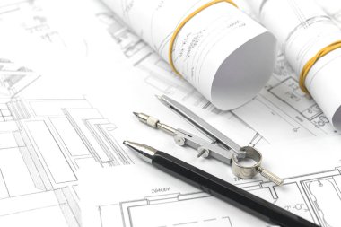Architect design working concept. Drawing sketch plan blueprints 