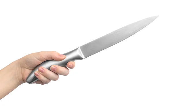 Mano Mujer Con Cuchillo Cocina Aislada Sobre Fondo Blanco — Foto de Stock