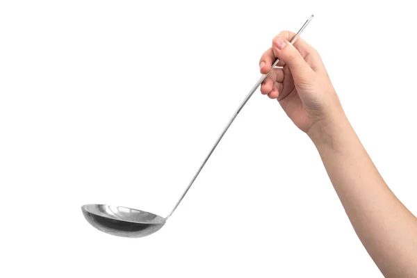 Metal Kitchen Ladle Hand Isolated White Background — Stock Photo, Image