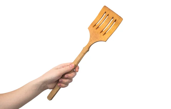 Woman Using Wooden Spatula Isolated White Background — Stock Photo, Image