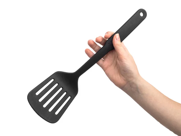 Woman Using Plastic Kitchen Spatula Isolated White Background — Stock Photo, Image