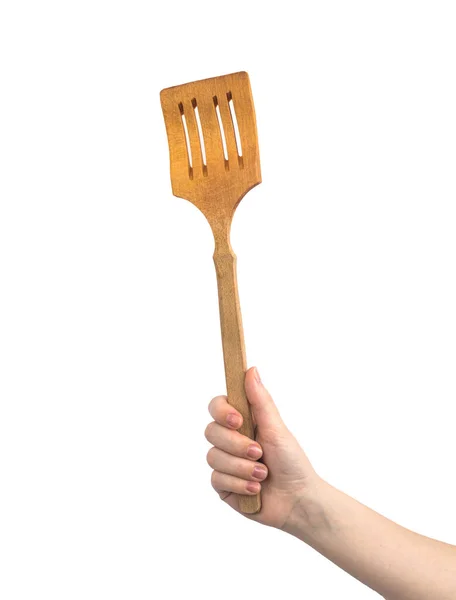 Woman Hand Wooden Spatula Isolated White Background — Stock Photo, Image