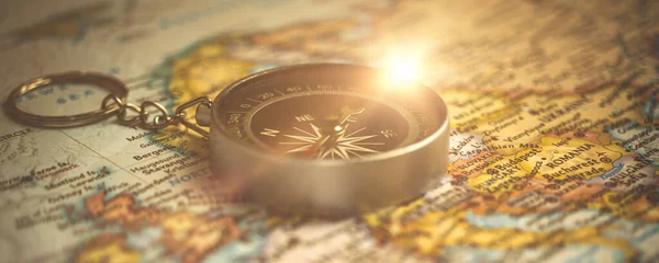 Magnetic Compass World Map Banner Adventure Discovery Navigation Travel Theme — Stock fotografie