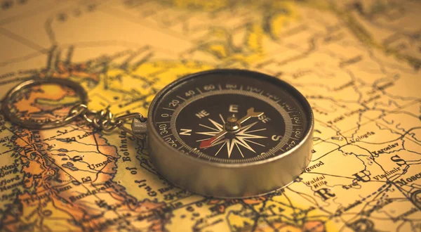 Old Compass Vintage World Map Selective Focus Cartography Geography Concept — Stock fotografie