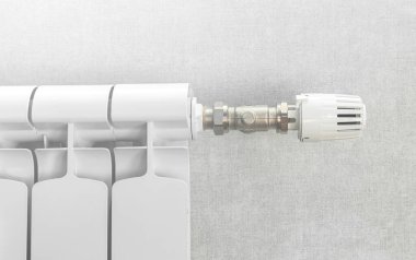 Beyaz duvar arkaplanındaki radyatör termostat valf kontrolörüne yakın görüntü