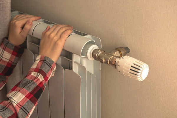 Girl Touch Radiator Heater Home Concept Winter Cold — Stock Photo, Image