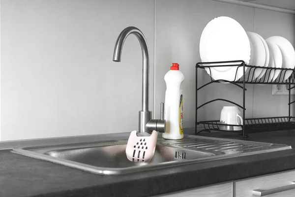 Stainless Steel Kitchen Sink Modern Kitchen Interior Background — Stock Photo, Image